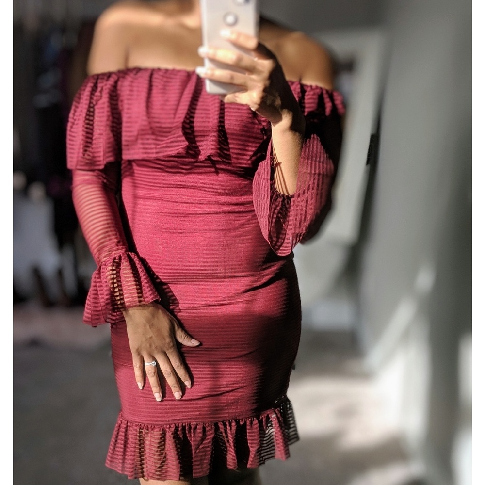 Off The Shoulder Bell Sleeve Ruffle Detail Dress